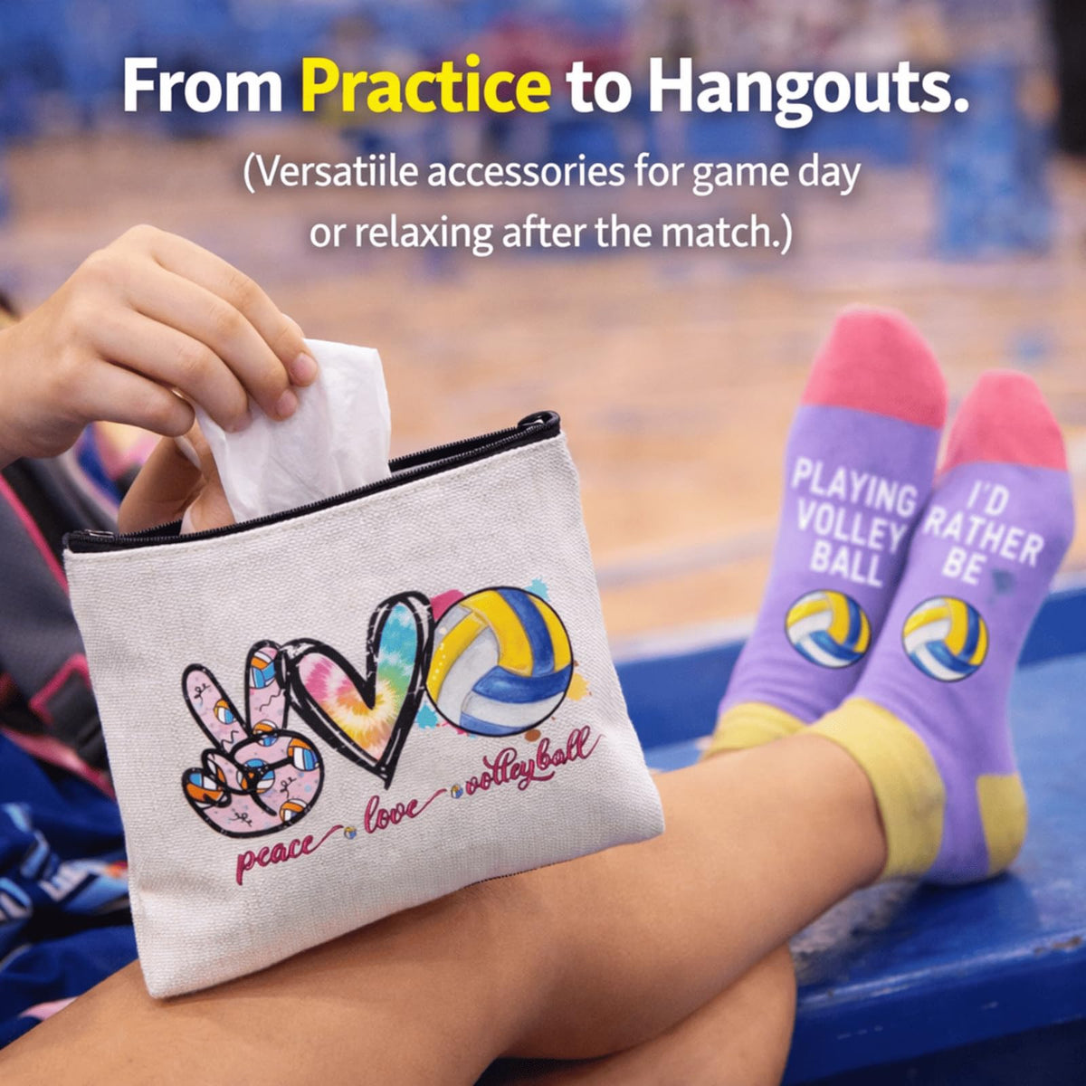 Flotreif - Juego de regalos de voleibol para adolescentes, regalos de voleibol, calcetines divertidos de voleibol, aretes de voleibol, bolsa de maquillaje, 50 unidades, 5 unidades, regalos de voleibol
