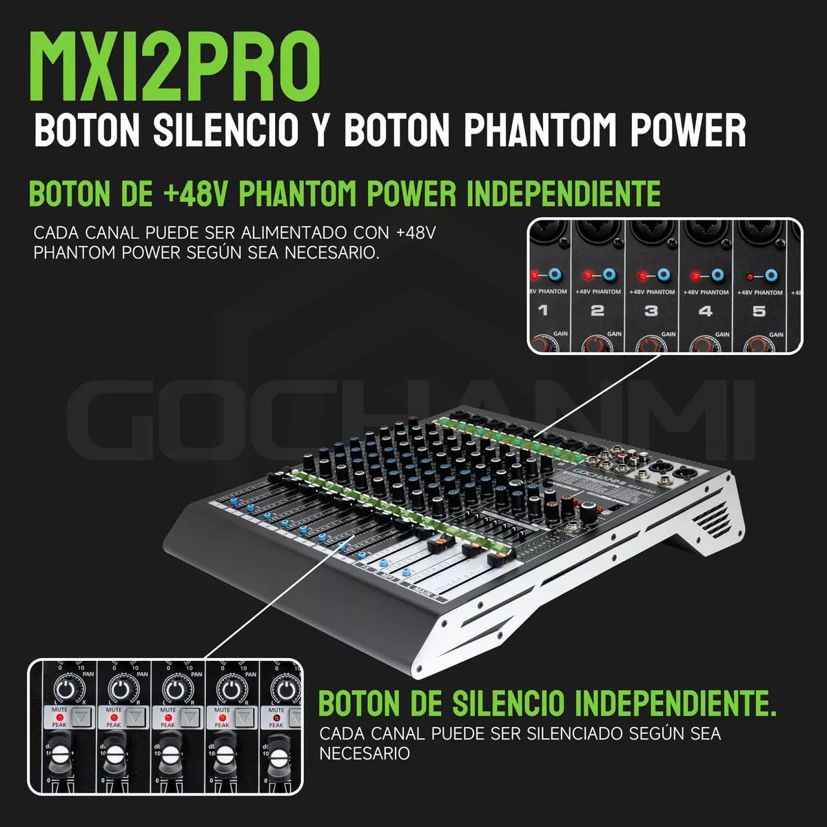 GOCHANMI MX12 mezcladora de audio 12 canales profesional con 48V phantom power Botón Mute USB Bluetooth y Efectos 99DSP y Ecualizador de 8 Bandas para Dj Grabación de consola de audio mixer