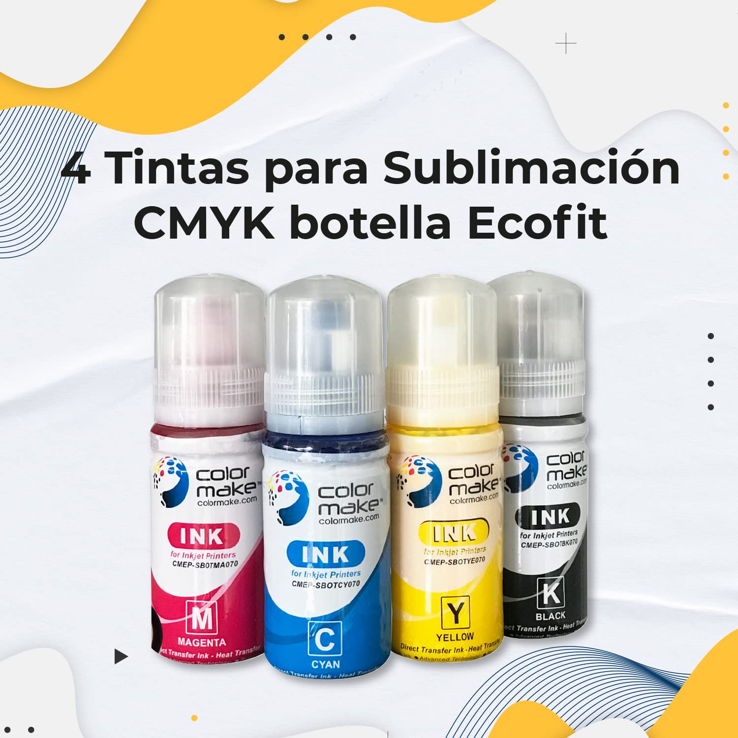 Color Make - Kit de 4 Tintas para Sublimación CMYK Botella Ecofit 70 Gramos c/u, Papel para Sublimación Premium 110 Gramos 100 Hojas Tamaño A4 y Cinta Térmica de 6 mm x 30 Metros.