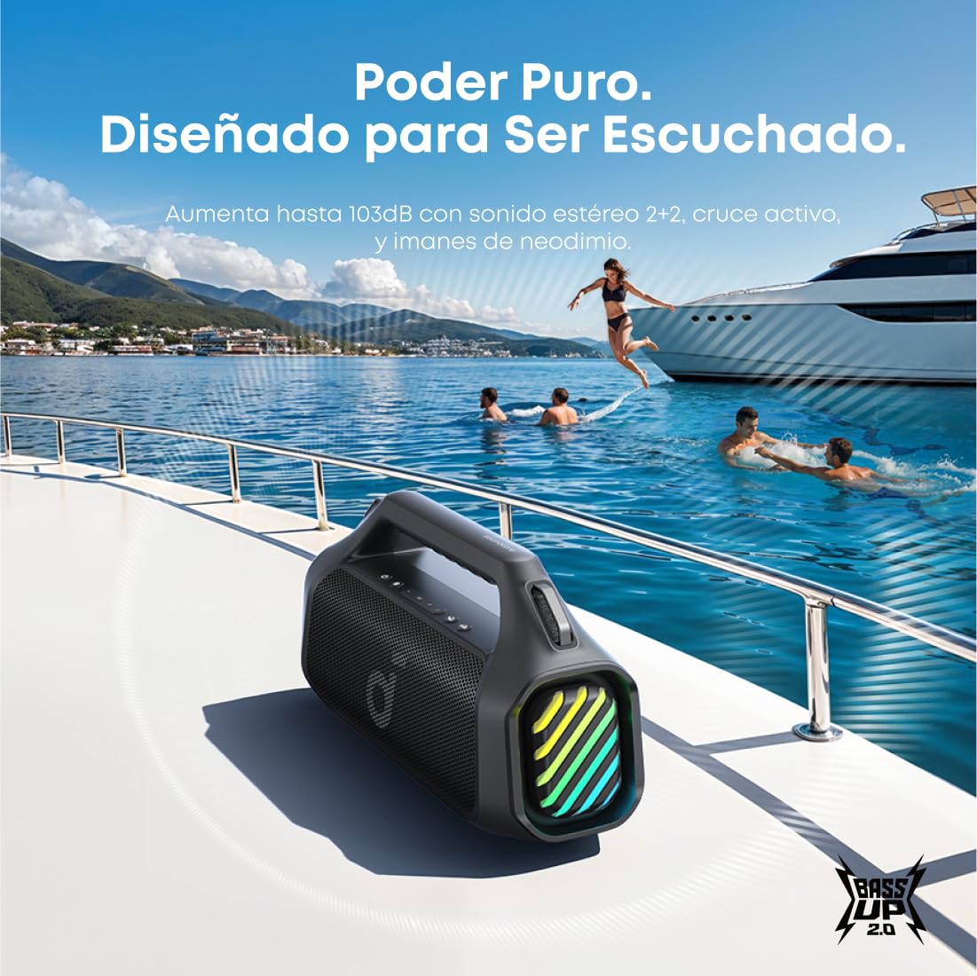 Soundcore by Anker Boom 2 Plus Bocina Bluetooth Portatil, 20h de Reproducción, Potencia 140W con BassUp, Sincroniza +100 Altavoces, IPX7 Flotante, Altavoz Inalámbrico, Party Box