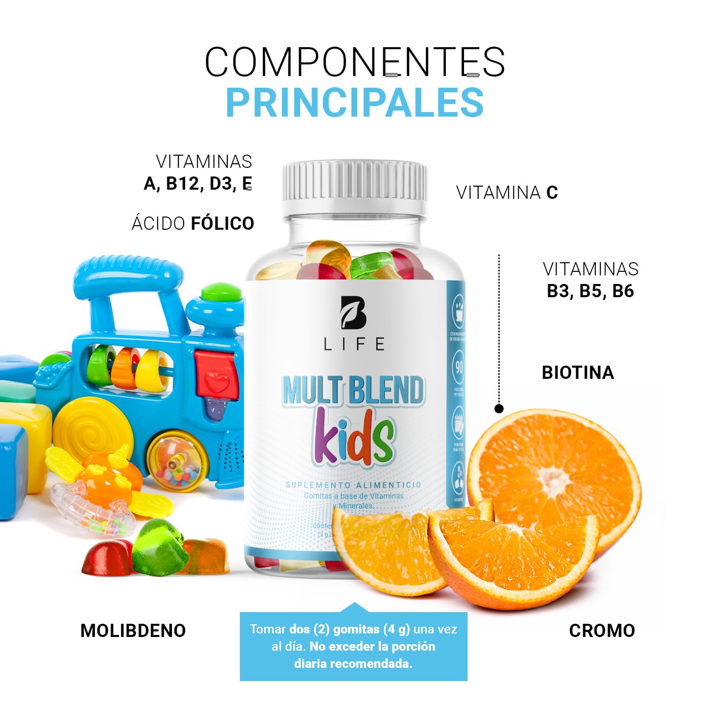 B Life Company Mult Blend Kids Gummies 180 gomitas SIN AZÚCAR añadida. Ingredientes naturales: Vitaminas y Minerales. Mult Blend Kids.