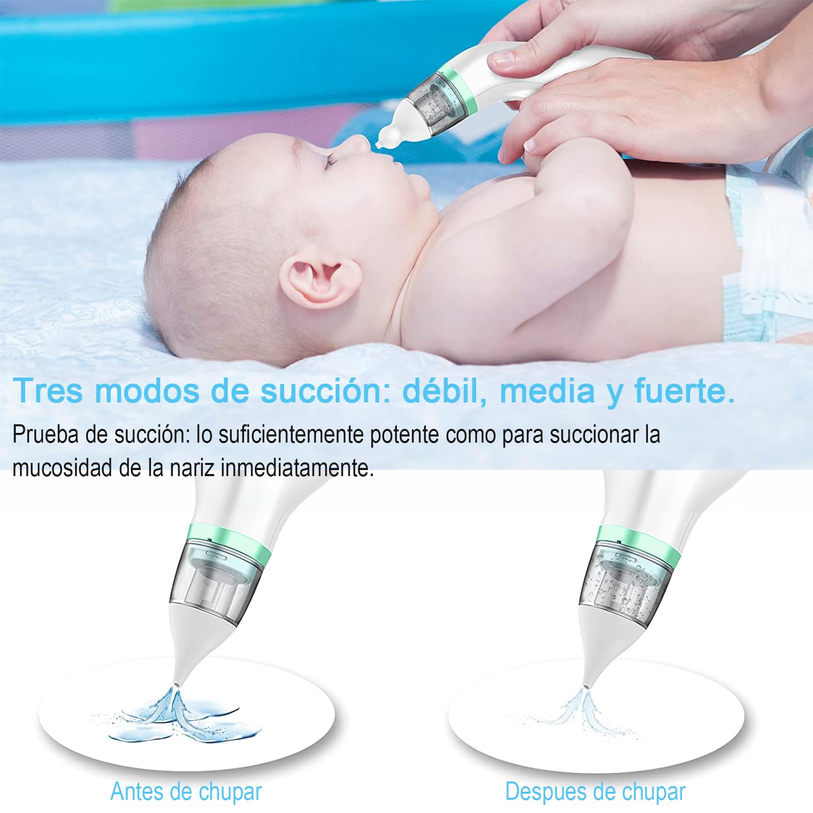 GQVOSXC Limpiador Nasal Eléctrico para Bebés, Saca Mocos para Bebe con Carga USB, Extractor de Mocos para Bebe con 2 Cabezales de Silicona, 3 Niveles de Succión Ajustables, Música y Calmante Ligera