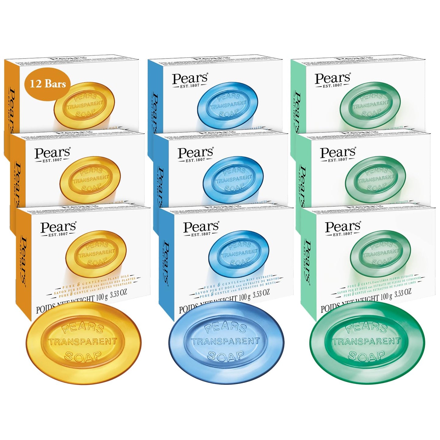 PEARS Jabón de peras, jabón facial y corporal, paquete variado, paquete de 12 – Paquete de jabón transparente puro y suave, jabón de glicerina hidratante para piel brillante, barras de jabón ámbar, azul y