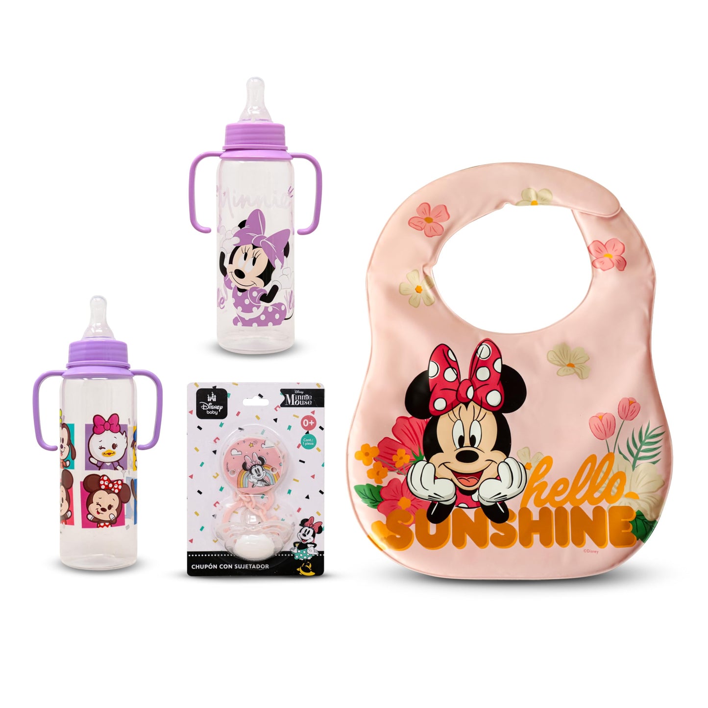 GAIRET Kit de Minnie Mouse para Bebé Niña: Incluye 2 Biberones de 9 oz con Asas y Sellado Antiderrames, 1 Babero Impermeable y 1 Chupón de Silicona con Sujetador de Ropa, Oficial Disney, 4 Piezas