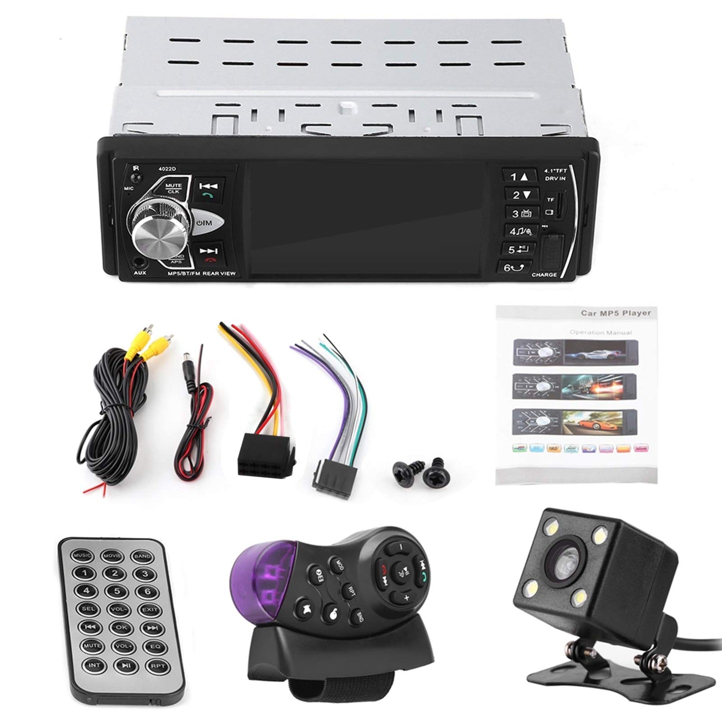 Haofy Radio Estéreo Inalámbrico para Coche con Pantalla Táctil de 4.1 Pulgadas, Cámara de Visión Trasera, Bluetooth, Reproductor MP5 Universal