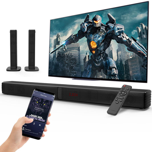 GEOYEAO - Barras de sonido de 2.2 canales para TV, subwoofer de graves dobles de 140 W, sistema de sonido envolvente 3D, barra de sonido de cine en casa de 32 pulgadas, conexión HDMI ARC, 2 en 1