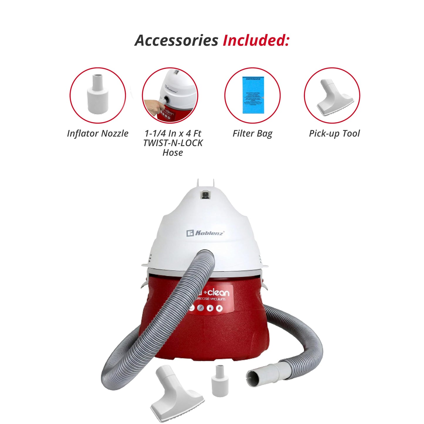 Koblenz Aspiradora Multiusos Portátil Seco-Mojado, 3 galones, 2.0HP, 3 en 1 Aspira sólidos, líquidos y Sopletea Aire, Designer Series, Aspira Polvo, Ácaros y Pelo de Mascota, 3 Accesorios (WD-355 K2)