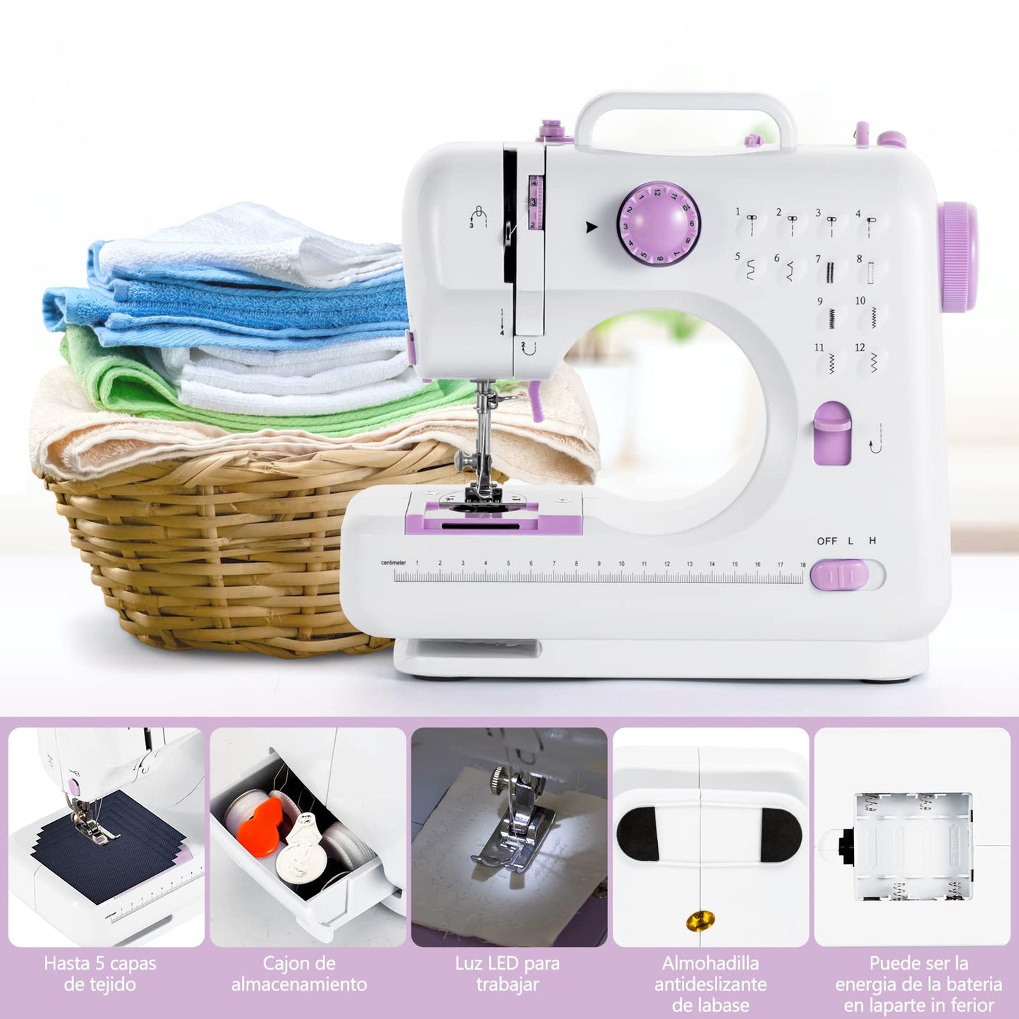 Máquina de Coser, Mini Máquina de Coser Máquina de Coser Eléctronico Portátil, 12 Puntadas Maquina de Coser con Luz de LED, Kit de accesorios de costura, Ideal para Ropa, Fundas de Almohadas, Sábanas