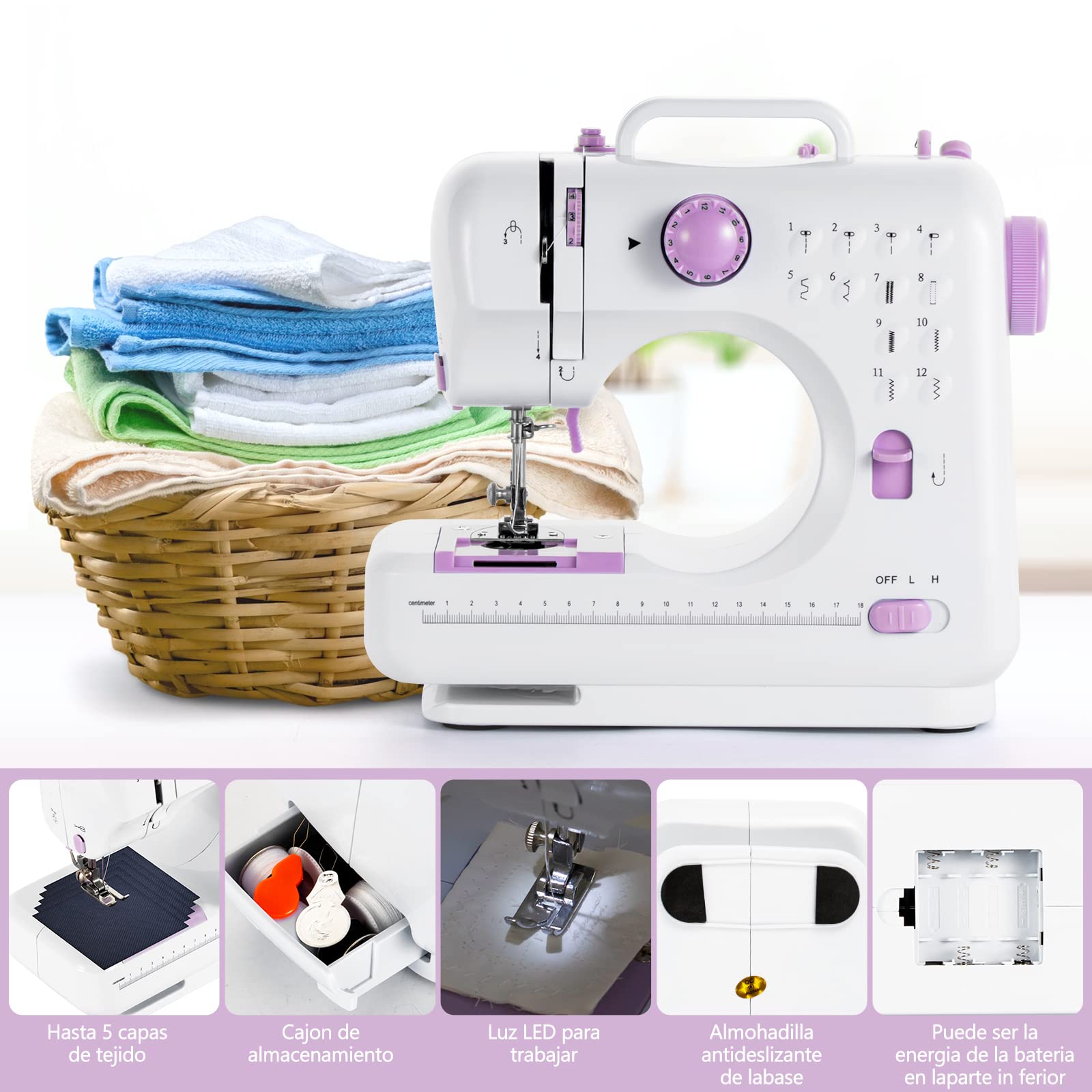 Máquina de Coser, Mini Máquina de Coser Máquina de Coser Eléctronico Portátil, 12 Puntadas Maquina de Coser con Luz de LED, Kit de accesorios de costura, Ideal para Ropa, Fundas de Almohadas, Sábanas