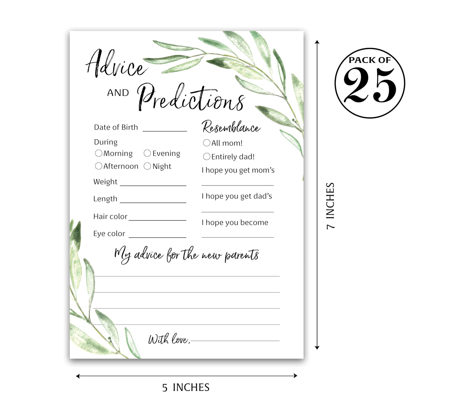 GREENERY - Tarjetas de predicción y consejos, paquete de 25 unidades, mensaje para padres de mamá y papá para ser mamá y papá, rústico floral verde oliva rama para parejas, ducha de acuerdo, libro de