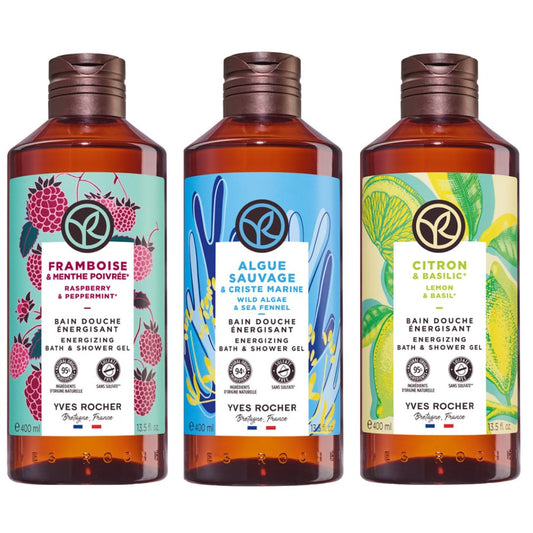 Yves Rocher MAXI TRI PACK Geles de ducha Aromas ENERGIZANTES: FRAMBUESA Y HIERBABUENA + ALGA SALVAJE E HINOJO MARINO + LIMÓN Y ALBAHACA de 400 ml C/U