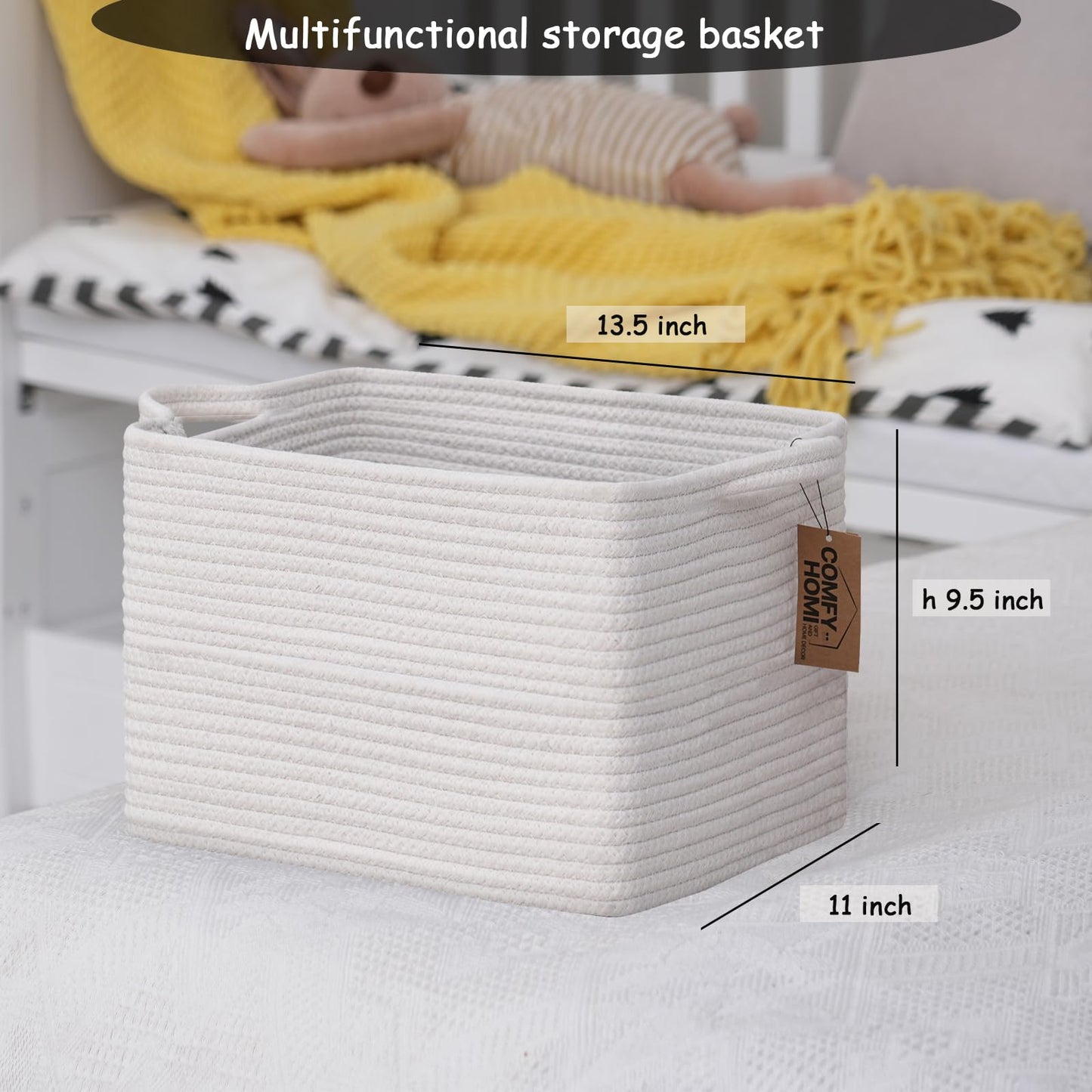 COMFY-HOMI - Paquete de 3 cestas cuadradas de cuerda de algodón con asas para estantes, cesta de juguetes para perros y almacenamiento, cesta de bebé para regalo, cesta de zapatos para organizar la