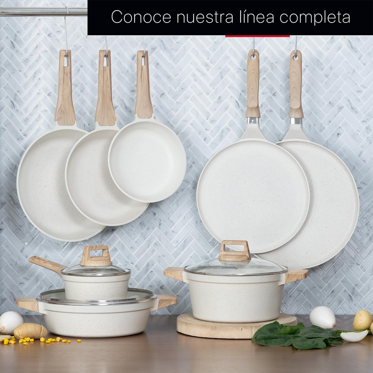 Set de Sartenes y Crepera Cookify Mármol Beige Antiadherente