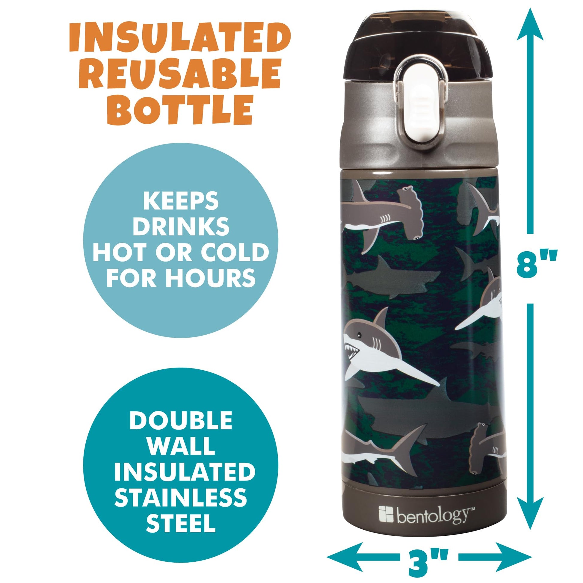 Bentology - Botella de agua reutilizable de acero inoxidable de 13 onzas para niños, tiburón, doble pared aislada, tapa a prueba de derrames con popote incorporado, mantiene los líquidos calientes o