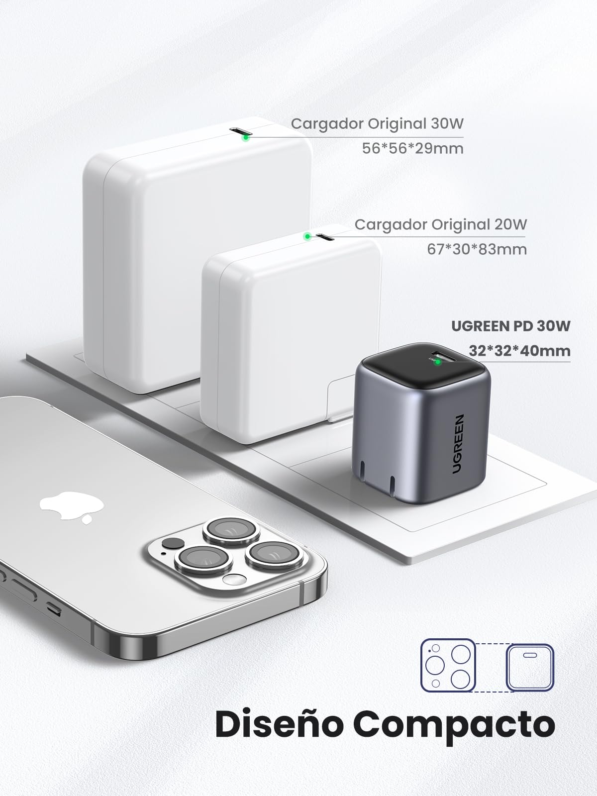Cargador USB C UGREEN Nexode Blanco 30W Mini GAN Carga Rápida para Galaxy y iPhone