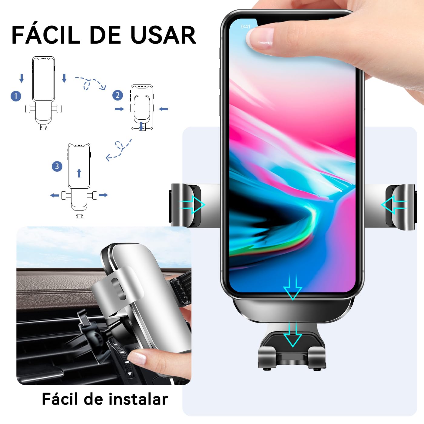 Soporte Celular Auto Giratorio 360° con Gancho Metálico y Botón Liberación para iPhone Galaxy Xiaomi Huawei 4.7"-6.5"
