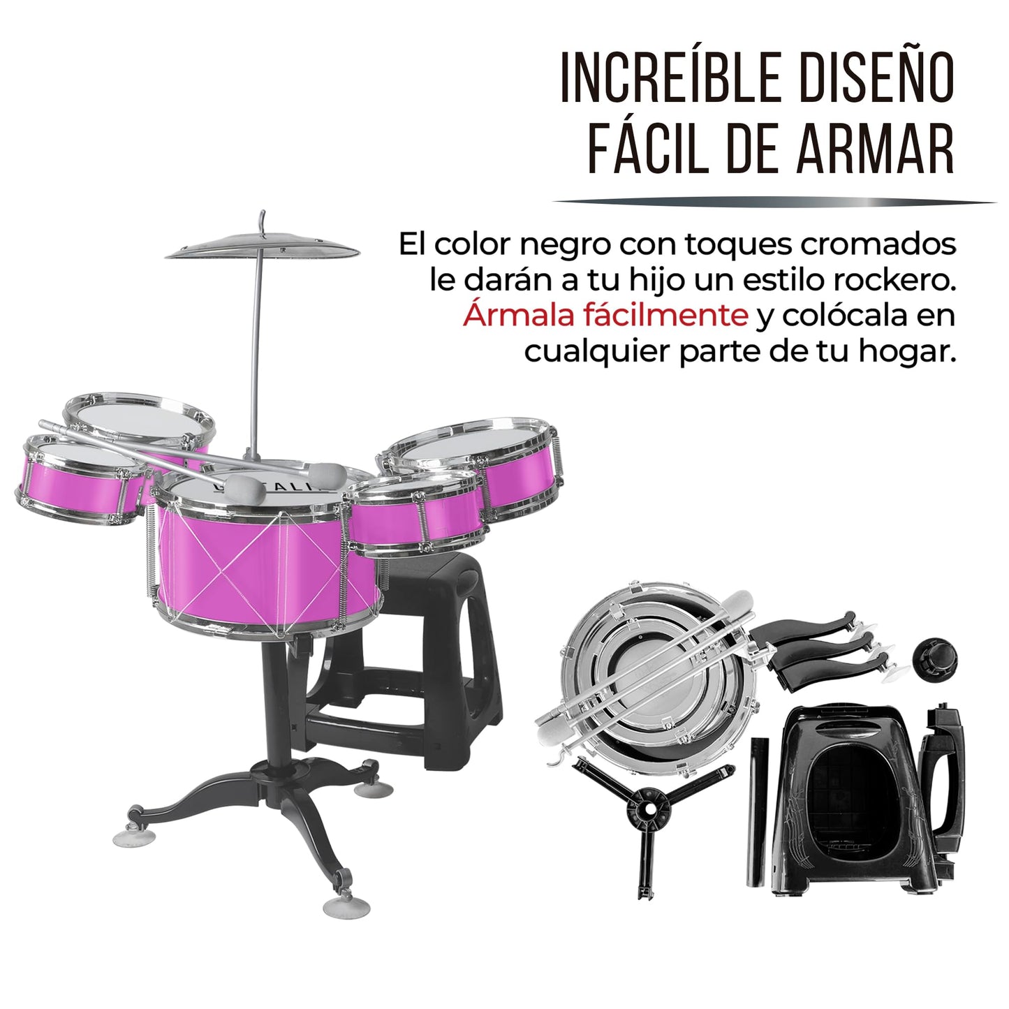 Guitalia Batería para Niños con Banco y Baquetas, Platillo, Bombo y Tarolas con Sonidos Realistas, Fácil de Armar, Ligera, Resistente, Ideal para Desarrollar la Creatividad y Habilidades Musicales