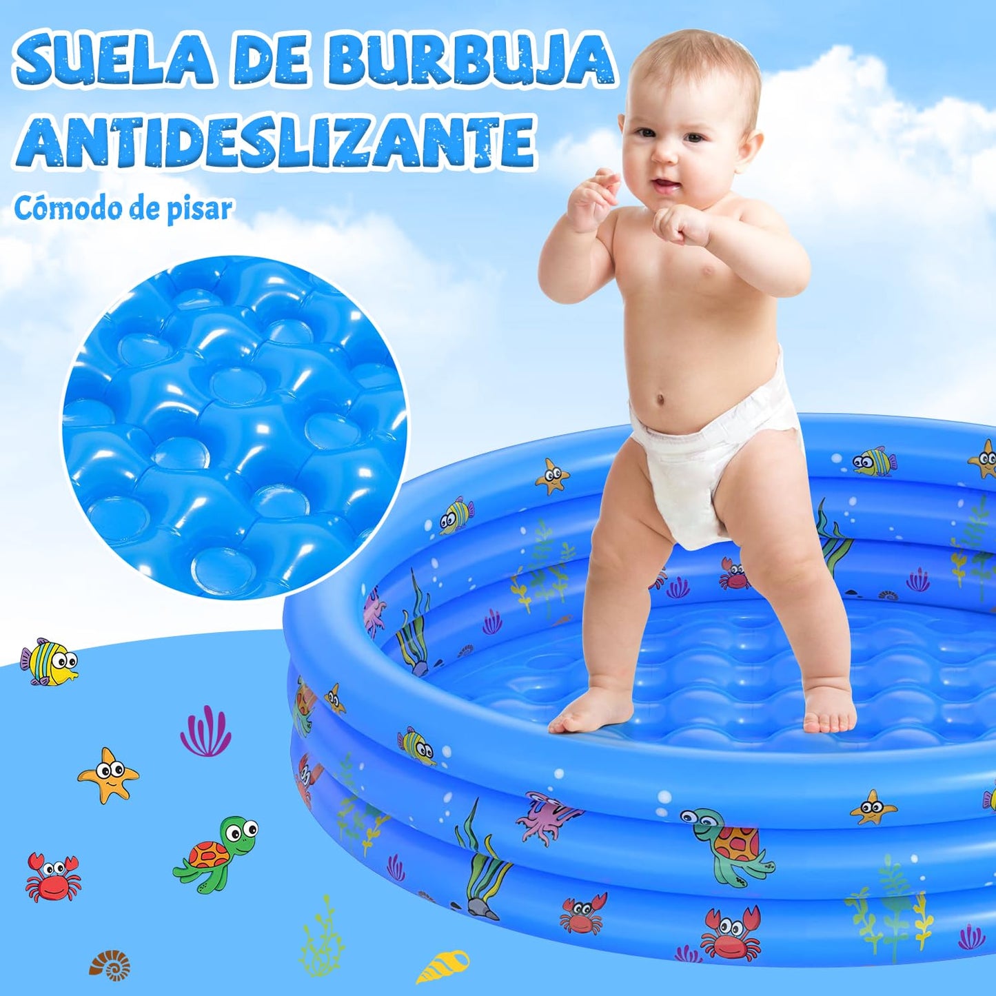 Alberca Inflable para Niños, 150x35cm Piscina Alberca Inflable Redonda, Mini Piscina Albercas 3 Niveles, Acuáticos Verano para Niños Niñas y Adultos al Aire Patio Trasero (Azul, Viene con Globo Agua)