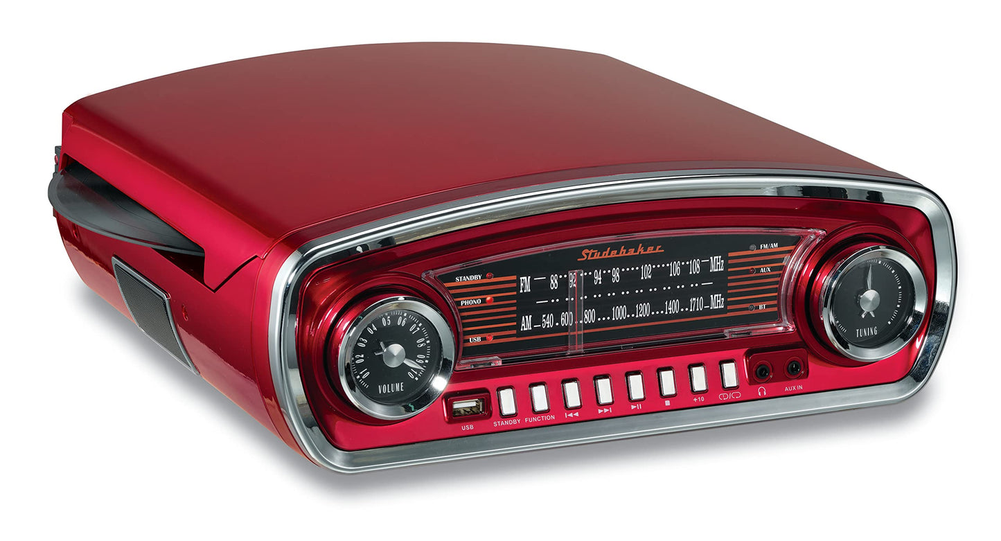 Studebaker - Tocadiscos de 3 velocidades con control de tono, con receptor Bluetooth, radio estéreo AM/FM, ranura USB para reproducción de MP3, conectores para audífonos y auxiliar (rojo)
