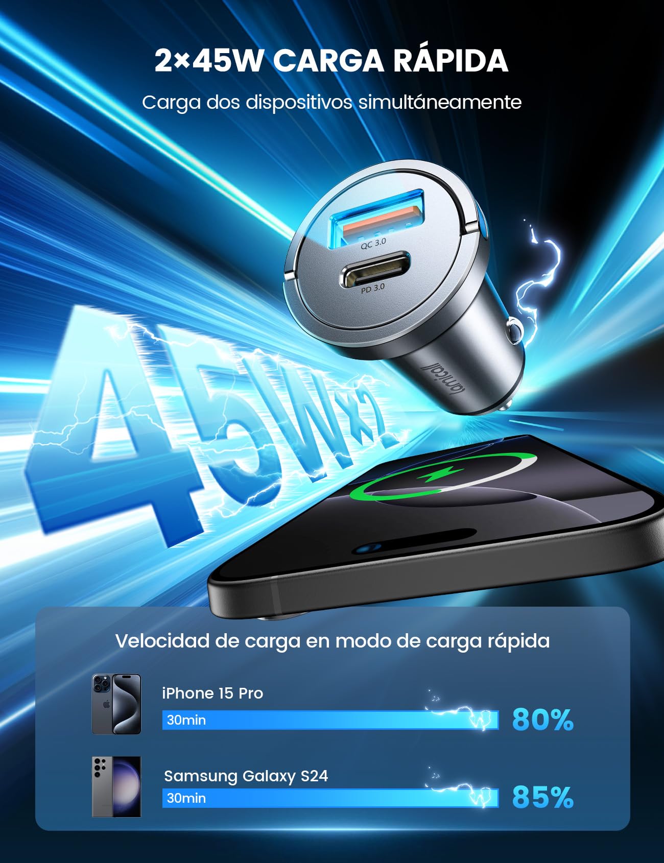 Lamicall 45W Cargador para Auto - Super Mini Todo Metal [45W USB C + 45W USB A] PD & QC 3.0, 24 V/12 V Cargador para Carro Carga Rapida para iPhone 16/15/14 (MX)