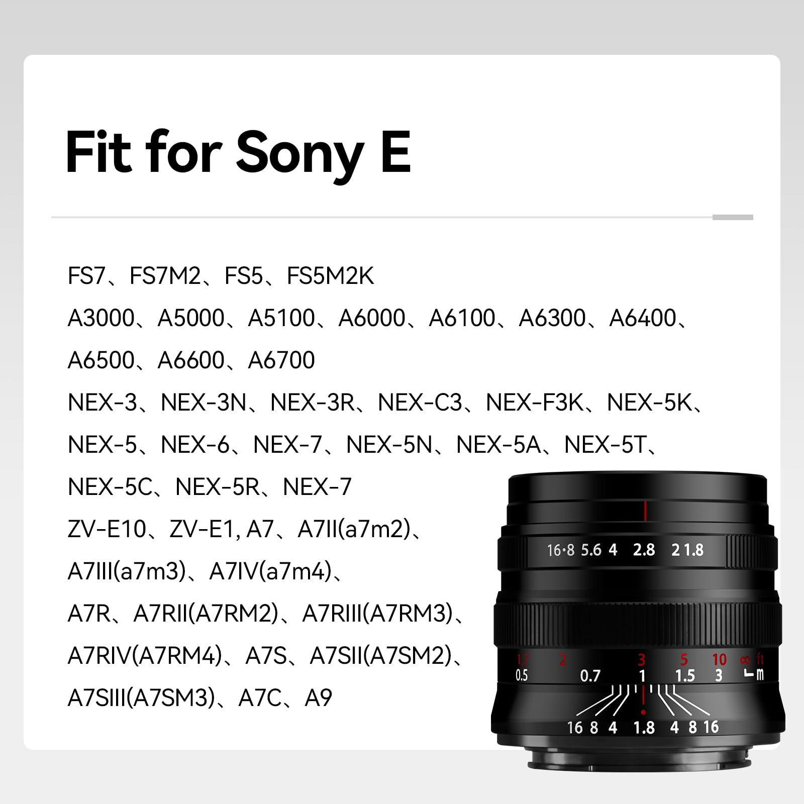 Brightin Star 55 mm F1.8 Lente de cámara sin espejo de enfoque manual de gran apertura de marco completo, compatible con Sony E-Mount ZV-E10, A6000, A6400, A6600, A7C, A7III, A7IV, A7RIII, A7RIV, A7SII, A7SIII, A9, A1