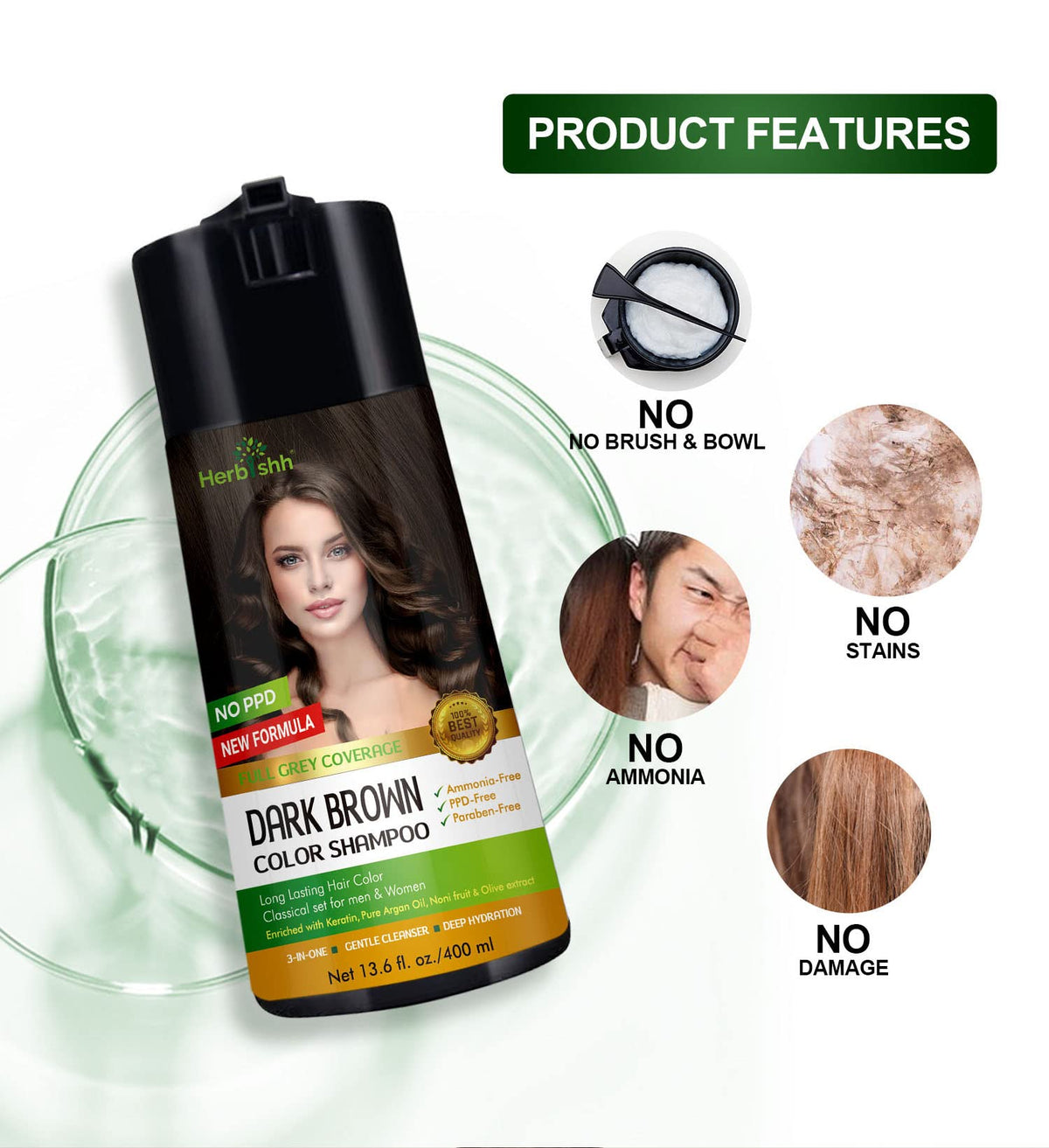 Herbishh Champú de color para cabello gris - Champú y acondicionador para teñir el cabello - Larga duración, cobertura completa de canas y bricolaje (Dark Brown) 400ml
