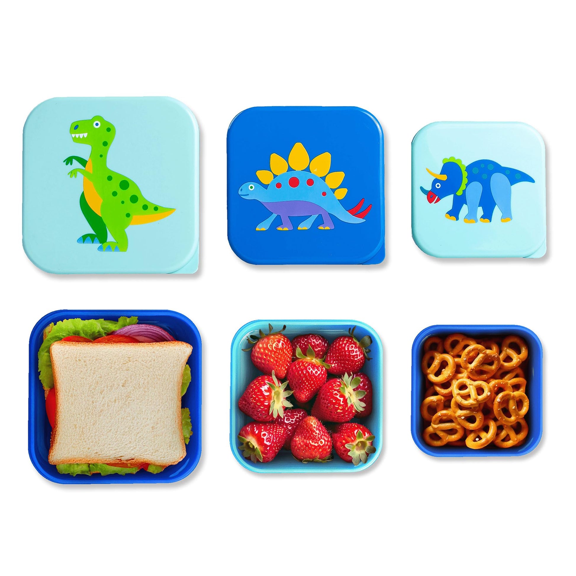 Wildkin - Recipientes de comida para niños, apilables, herméticos y aptos para lavaplatos, juego de 3 unidades - Dinosaur Land