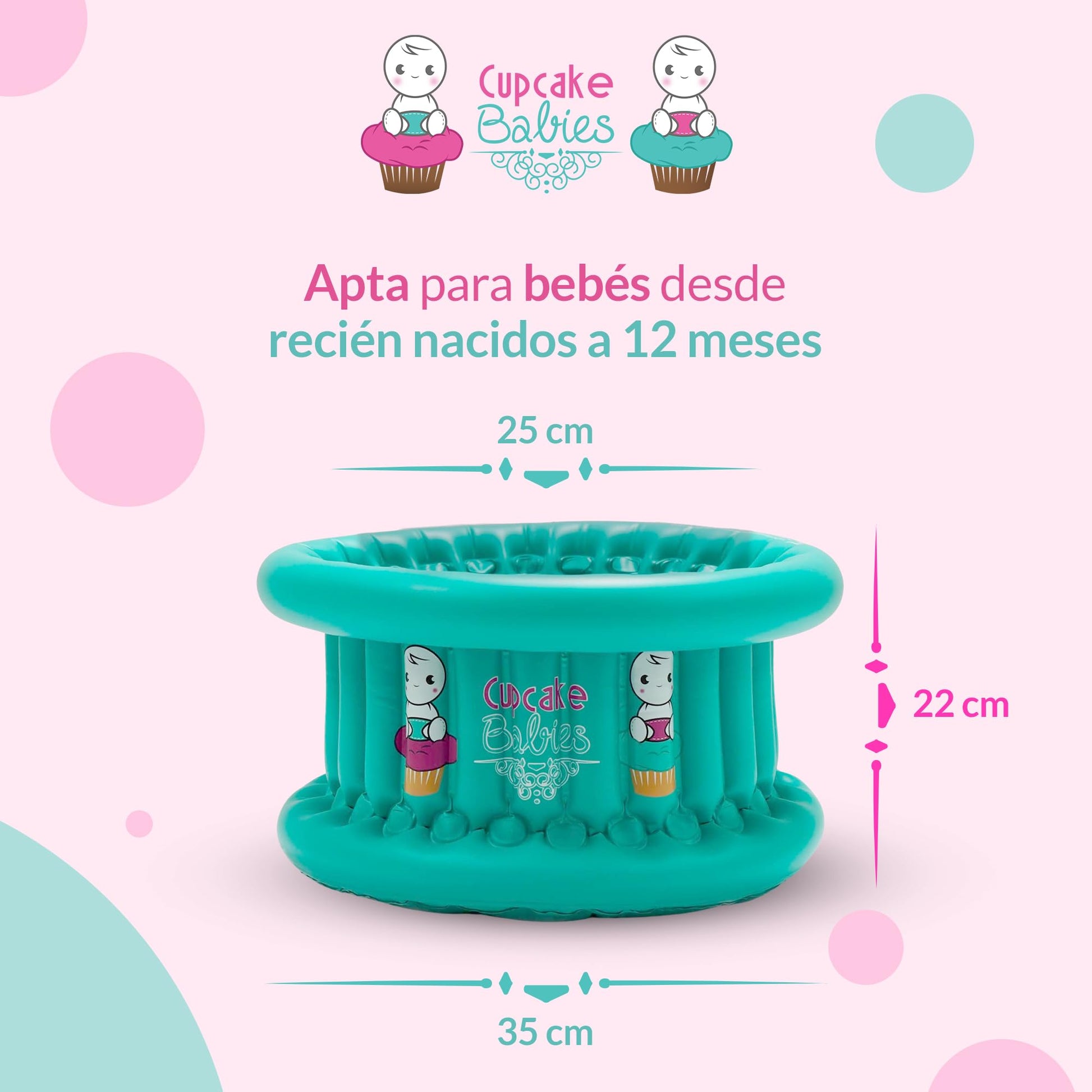 Cupcake Babies Set Especial de Bañera para Bebe Inflable Turquesa | Navidad | Ideal para Regalos Navideños Recién Nacidos hasta 12 Meses | Incluye Toalla, Bolso de Viaje, Pato de Juguete y Compresor