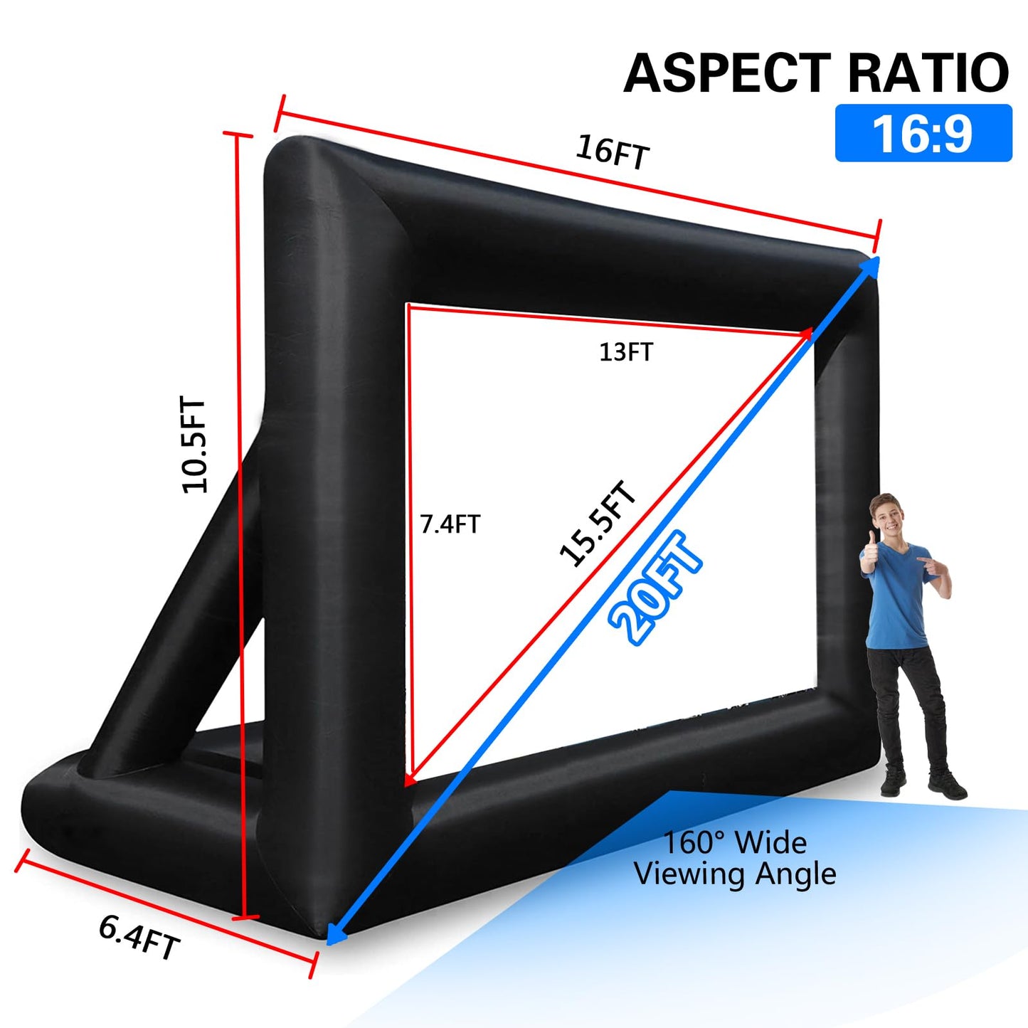 GZKYYLEGS Pantalla de proyector Inflable de 20 pies para Exteriores e Interiores, Incluye soplador de Aire, amarres y Bolsa de Almacenamiento,portátil,proyección Frontal y Trasera para Noches de Cine