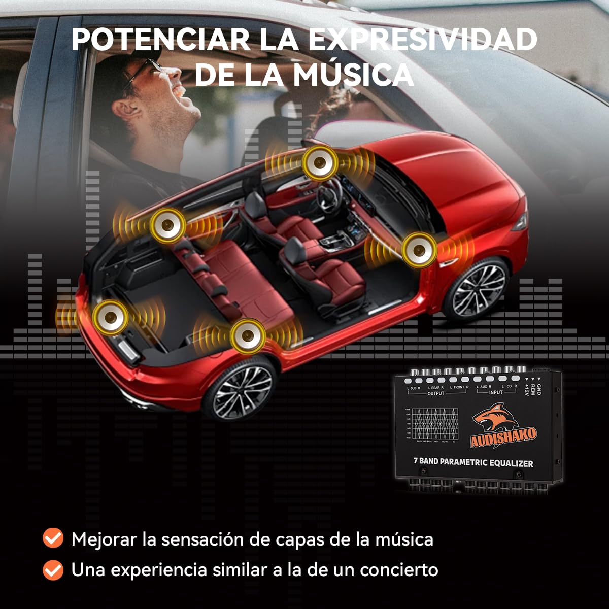 Ecualizador AUDISHAKO 7 Bandas 6 Salidas RCA 4 Entradas RCA con Indicador LED para Carros, Pickups y SUV