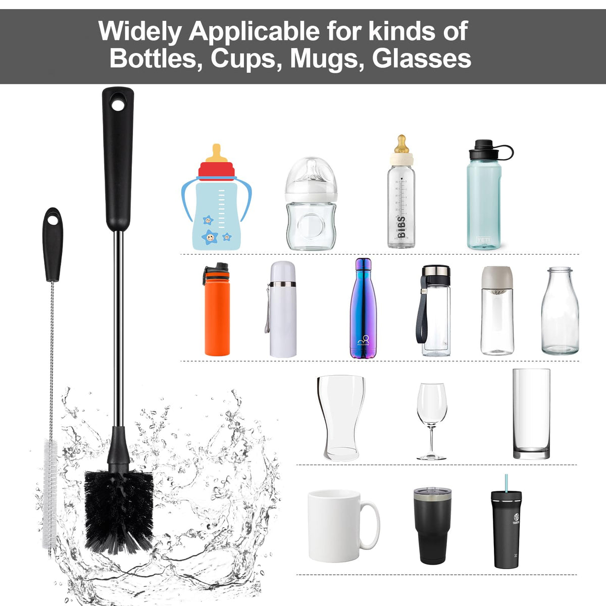 Cepillo para botella de agua con limpiador de pajilla, mango de acero inoxidable de 15 pulgadas, cepillo limpiador para biberones, cepillos de limpieza para cocina para tazas, copas de vino, tazas de