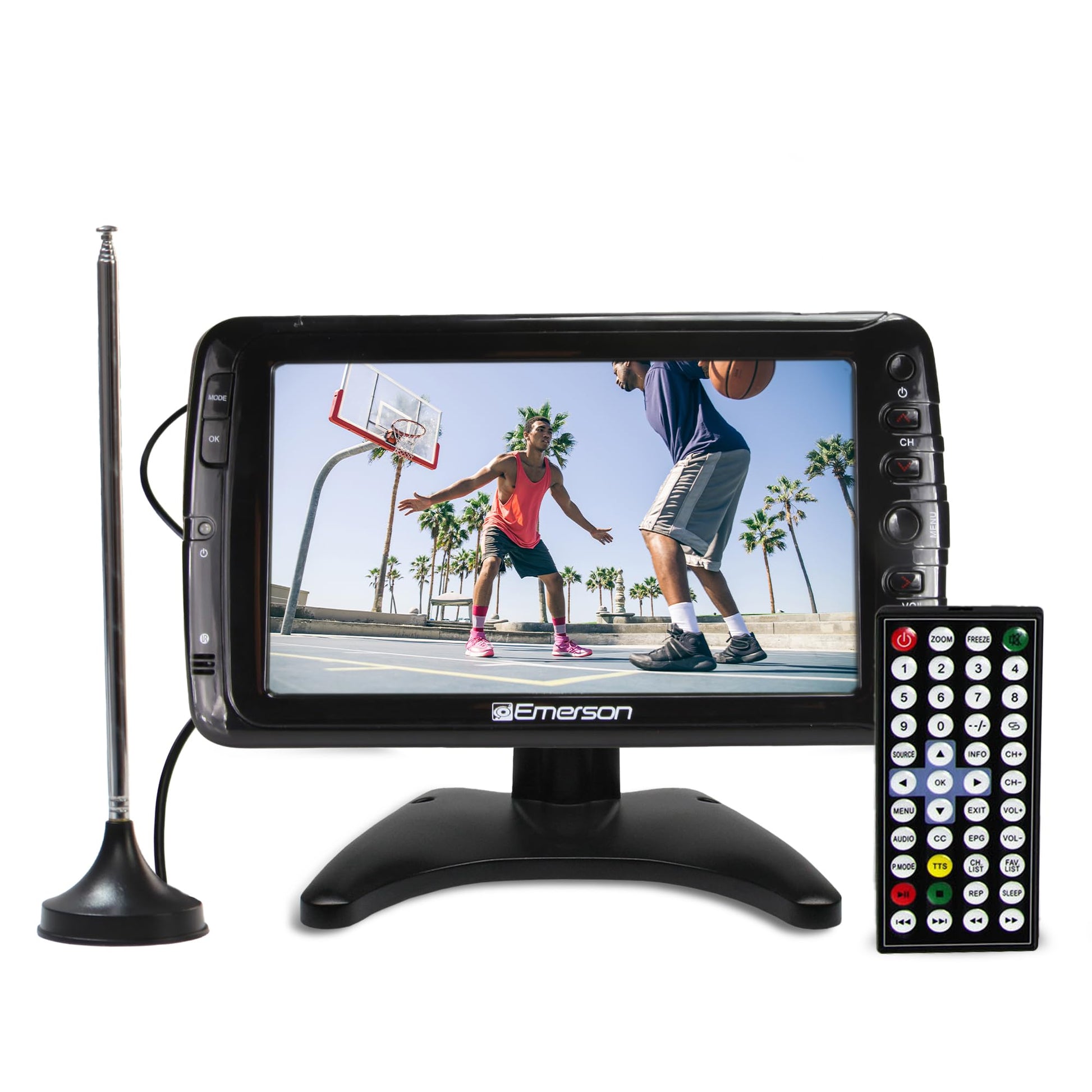 Emerson - Monitor LCD portátil de 7 Pulgadas, Funciona con Pilas Recargables con sintonizador Digital, Entrada HDMI/USB/AV, AC/DC, Control Remoto, Soporte - TV de Viaje pequeño para Coche, Camping