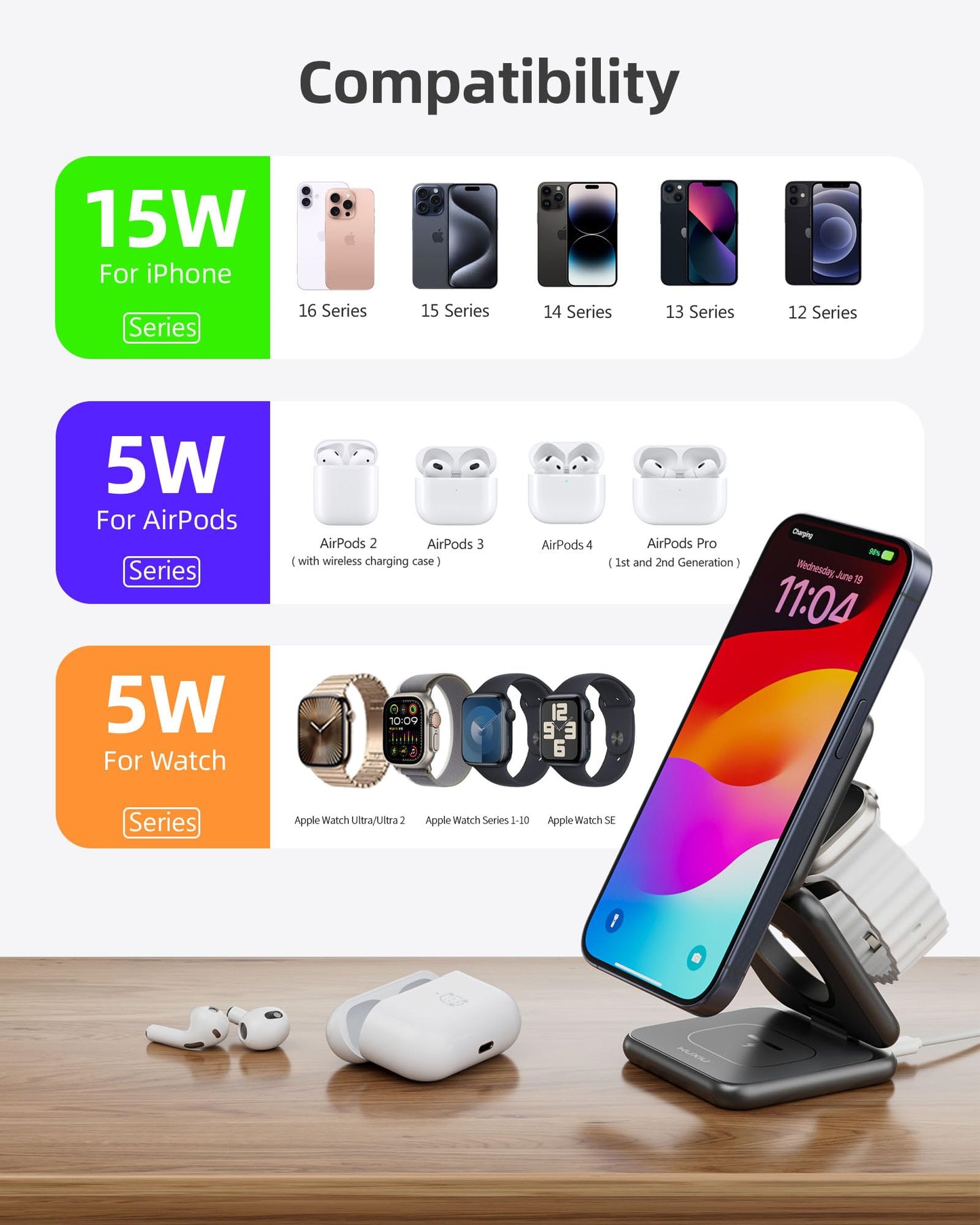 Estación de Carga 3 en 1 KU XIU X40Q Plata con Soporte Magnético Inalámbrico para iPhone y Apple Watch