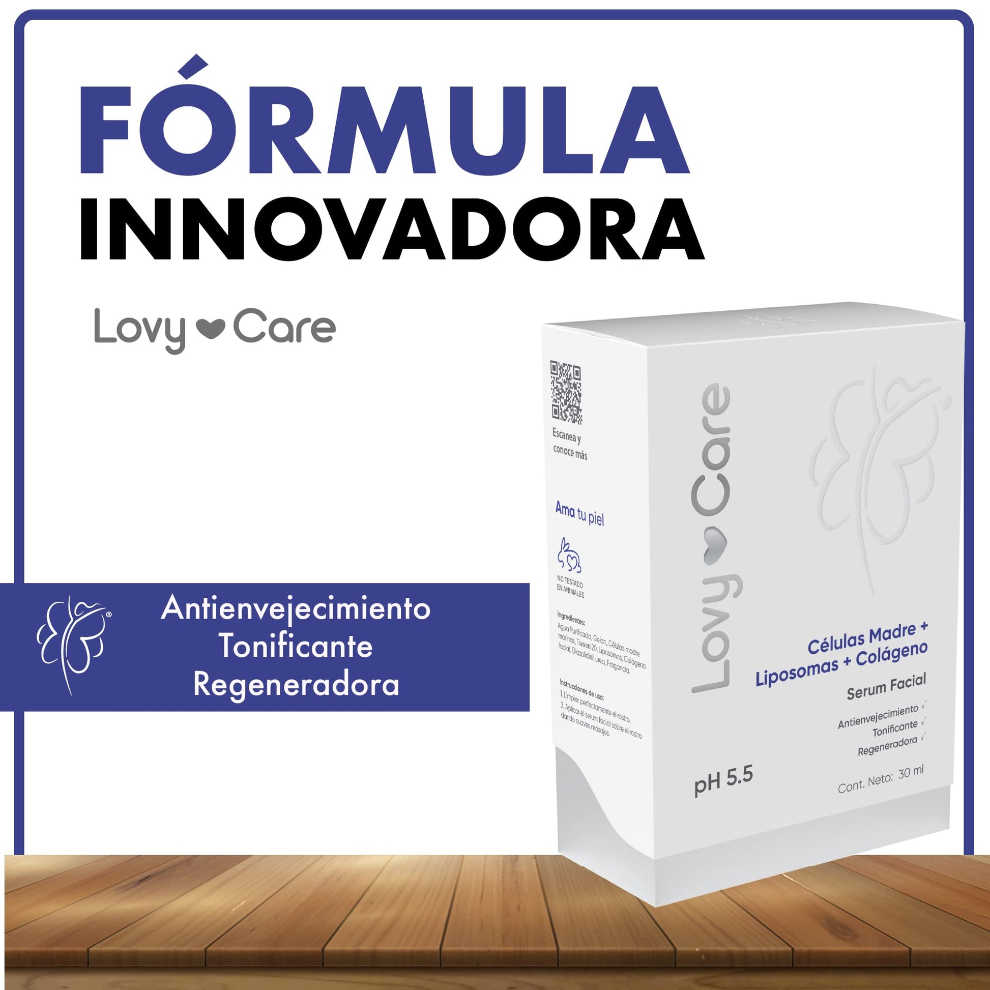 Lovy Care Serum Facial Cells Madre + Liposomes + COLAGENO tonificante, Regeneradora + pH 5.5 piel Sana