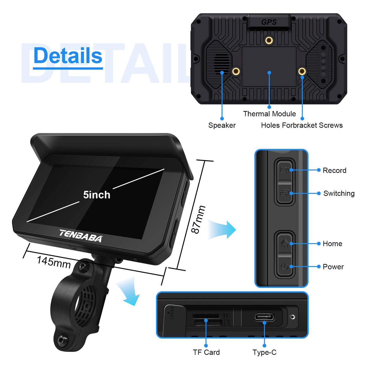 Cámara Tenbaba Negra con CarPlay y Android Auto para Motocicleta