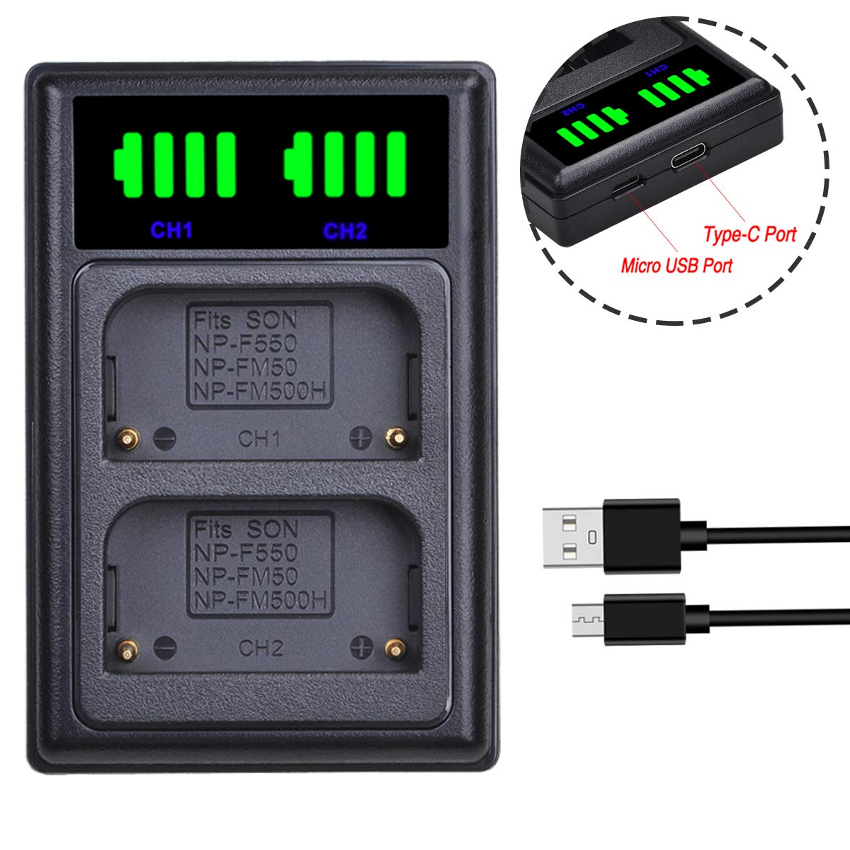 Baterías y Cargador Dual LED USB Tectra NP-FM50 para Sony HDR-HC1 DCR-TRV280