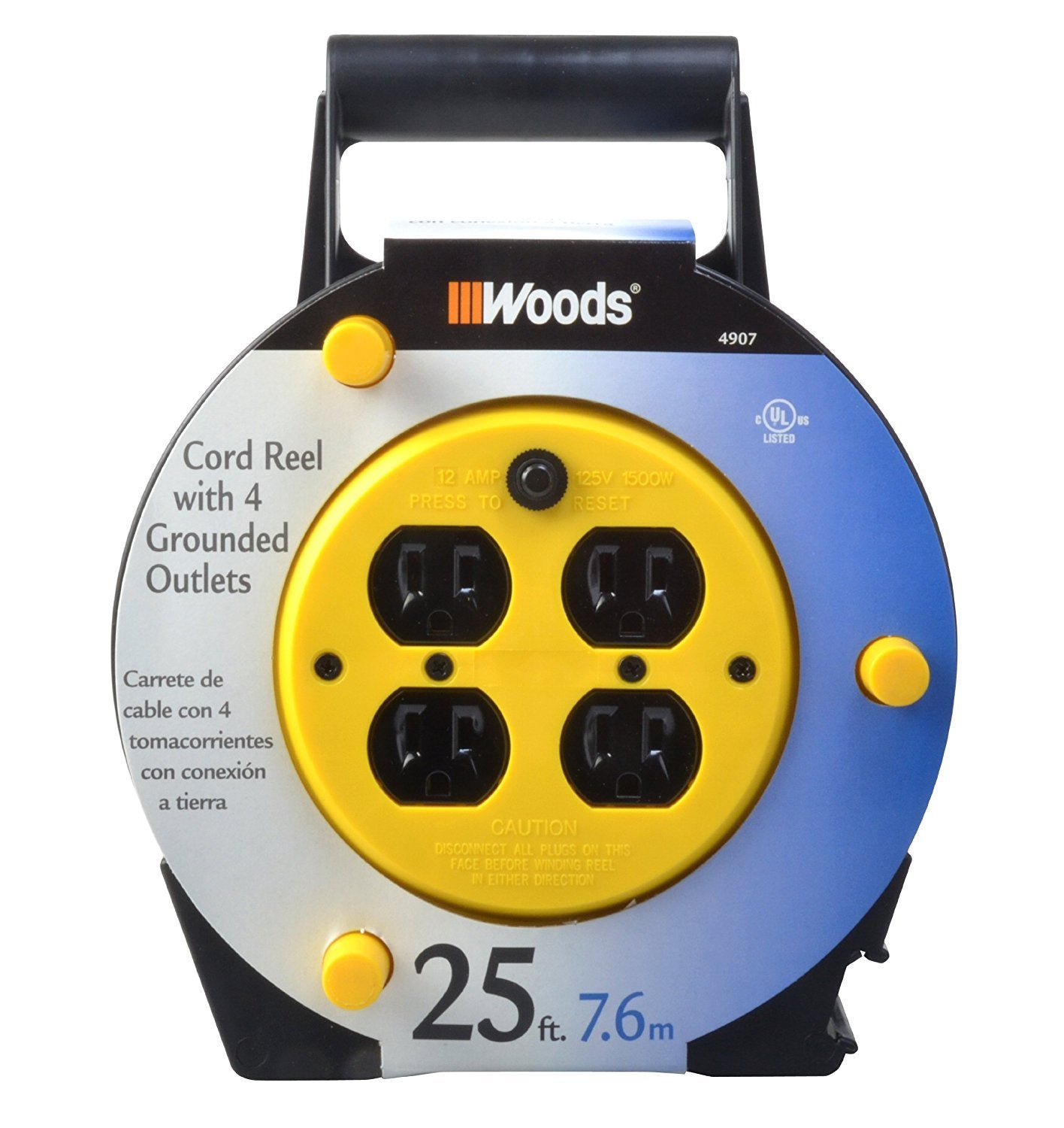 Woods 4907 Carrete de cable de extensión con 4 salidas 16/3 SJTW y disyuntor de 12 A, 25 pies