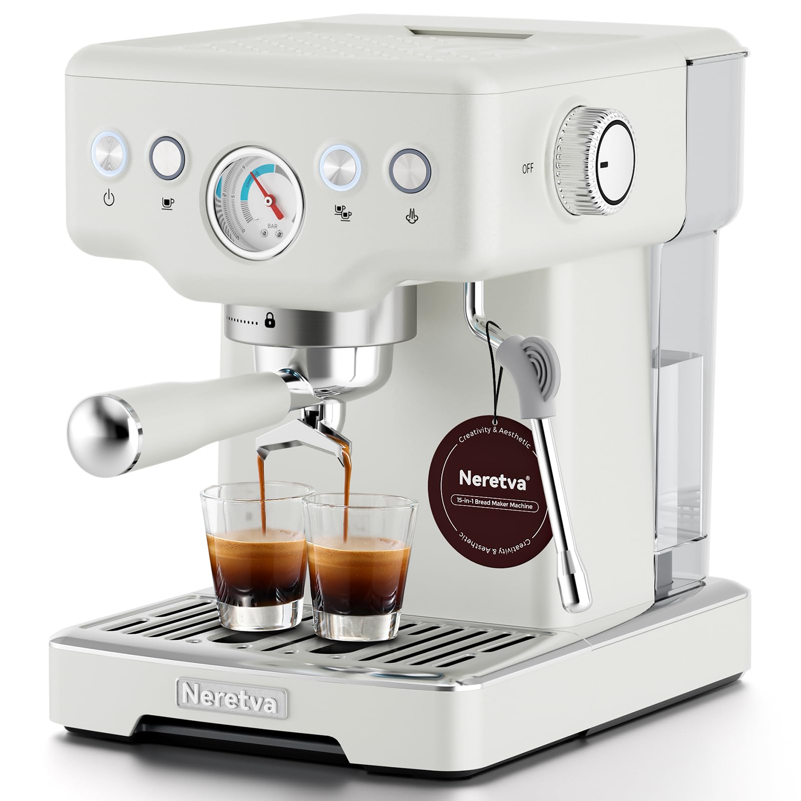 Máquina de Café Expreso Neretva Acero Inoxidable 1450 W con Espumador y Medidor de Presión 15 Bares para Café Expreso, Latte, Capuchino Casero
