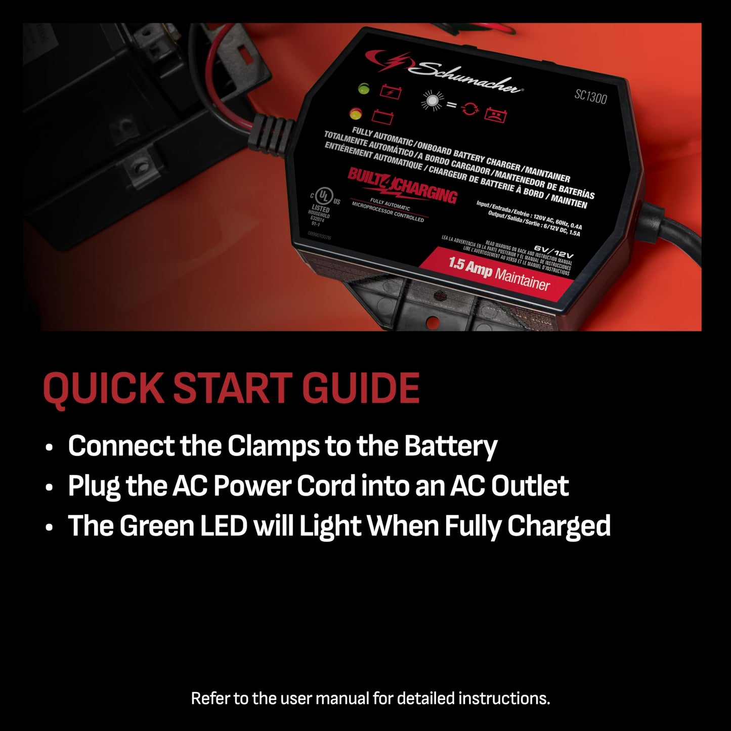 Schumacher SC1300 Cargador y mantenedor de batería completamente automático de montaje directo debajo del capó con detección de batería – 1.5 amperios, 6 V/12 V – para coches, motocicletas, tractores de césped, deportes eléctricos