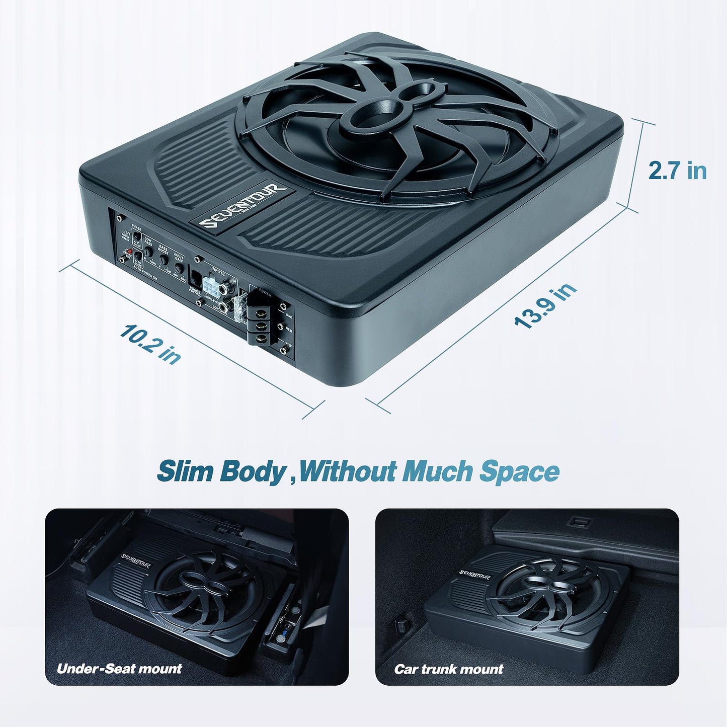 Seventour Subwoofer delgado de 10 pulgadas y 800 W para debajo del asiento, subamplificador de audio integrado para coche/camión, nueva actualización con luz ambiental LED azul