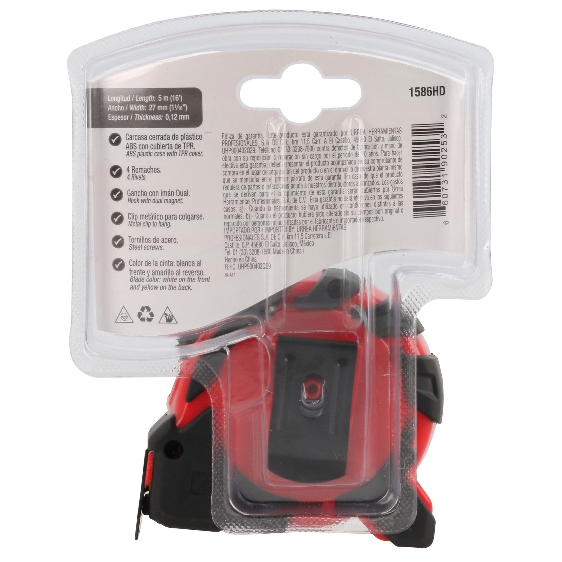 Flexómetro Urrea Rojo Heavy Duty con Hoja de Acero y Carátula de ABS y TPR