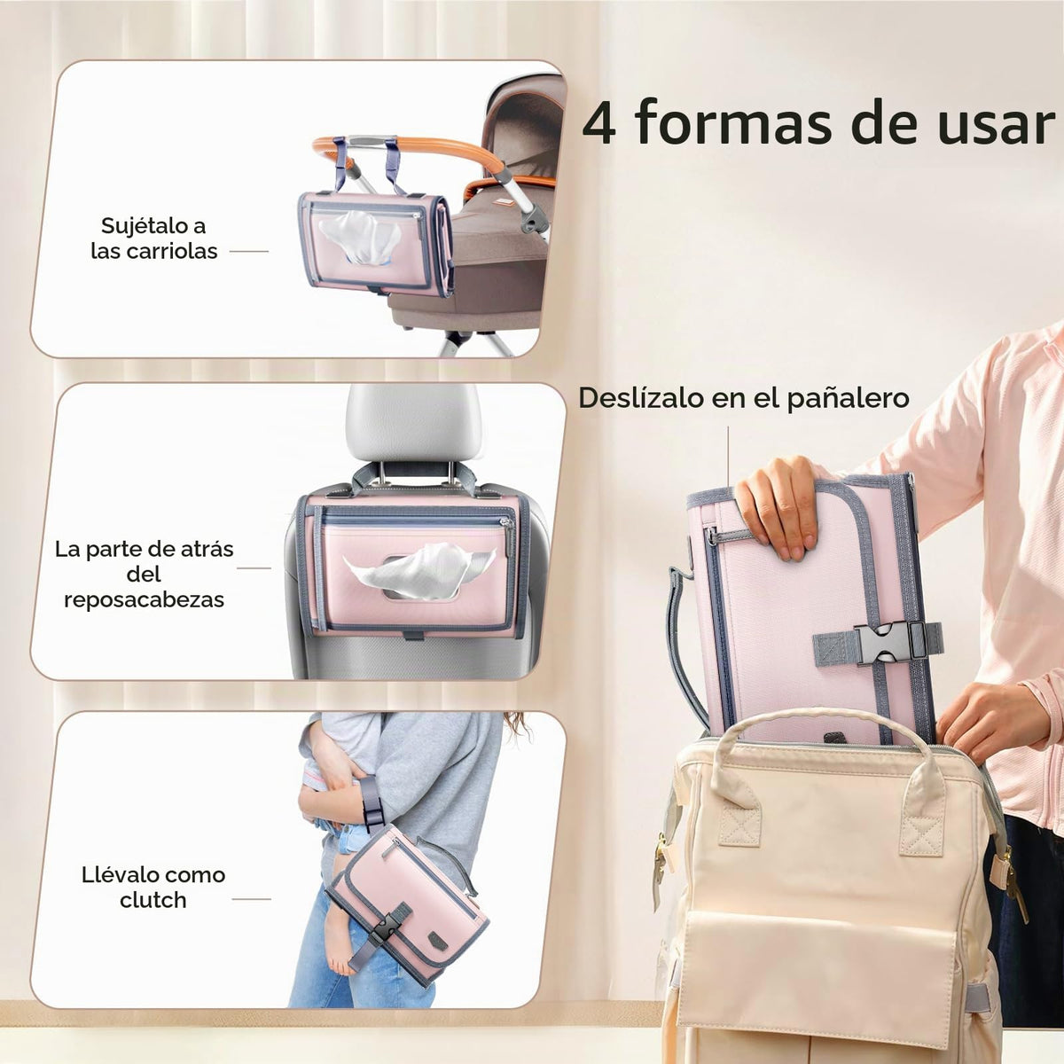 Cambiador portátil de pañales con correa para el hombro, cambiador de viaje desmontable con bolsillo para toallitas para bebé, regalos para baby shower, niñas recién nacidas y niños (rosa)