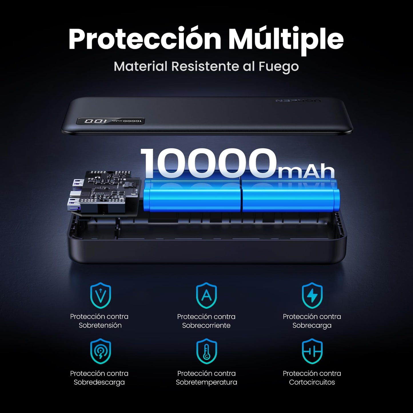 Power Bank UGREEN Negro 10000mAh 22.5W Carga Rápida USB A y C Pantalla Digital Compatible con iPhone, Xiaomi, Galaxy, iPad