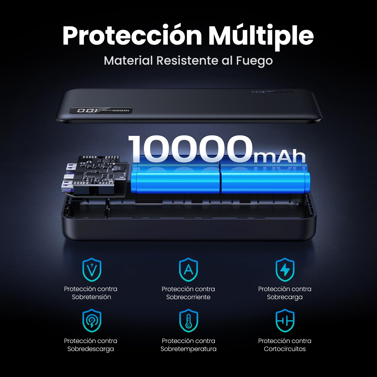 Power Bank UGREEN Negro 10000mAh 22.5W Carga Rápida USB A y C Pantalla Digital Compatible con iPhone, Xiaomi, Galaxy, iPad