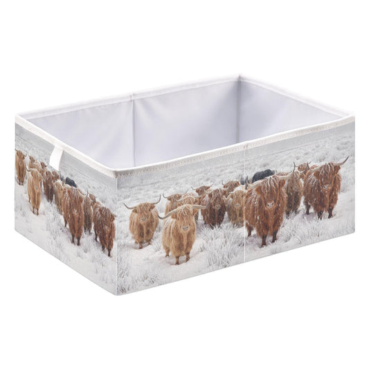 linqin Contenedores de almacenamiento abiertos plegables de vaca escocesa de las tierras altas en un invierno natural, cesta de almacenamiento plegable para guardería, cubo de tela, organizador rectangular con asas para estantes, armario, decoración del h