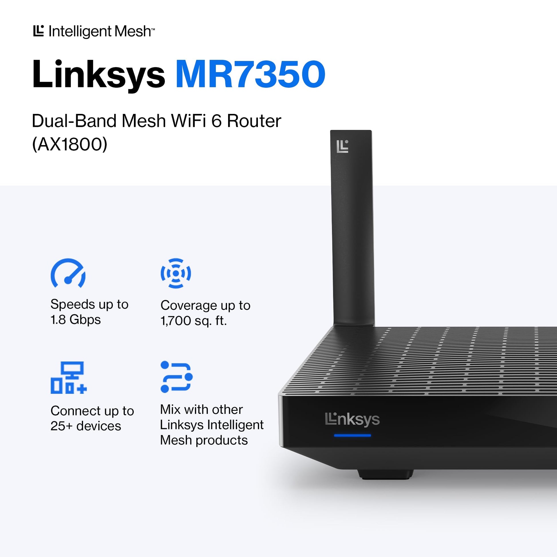 Linksys Router con Sistema de Red Wi-Fi MR7350, 1775 Mbit/s, 4X RJ-45, 2.4/5GHz, 2 Antenas Externas
