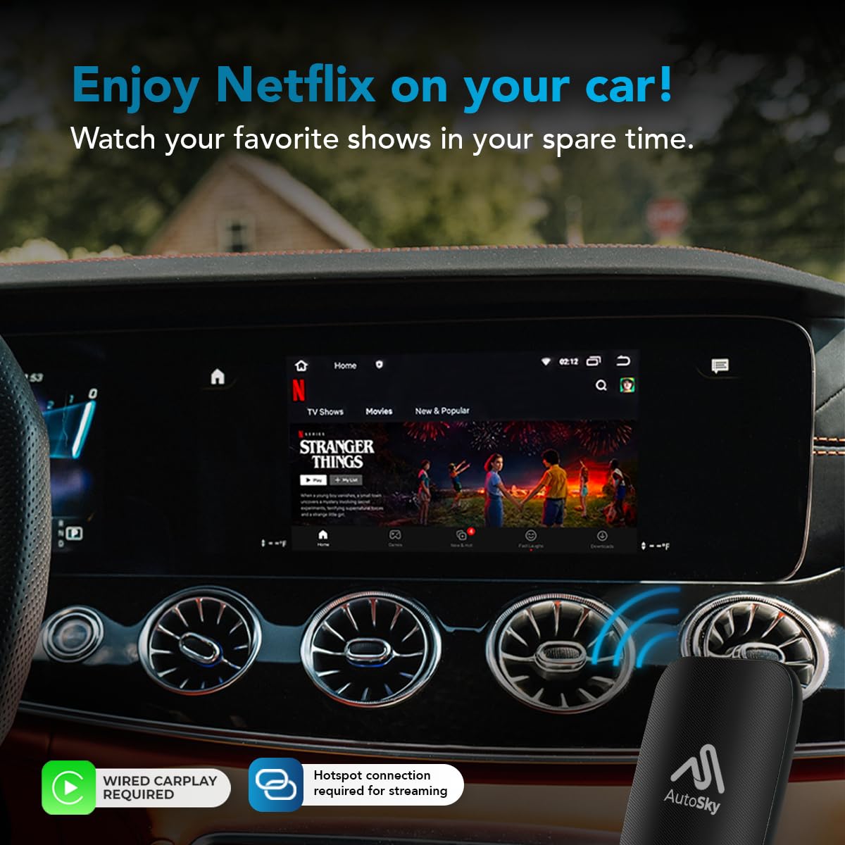AutoSky Wireless CarPlay y Android Auto AI Box Lite para coches CarPlay con cable de fábrica - Compatible con Netflix y YouTube Must use Hotspot - Go Wireless CarPlay y Android Auto. CarPlay con cable