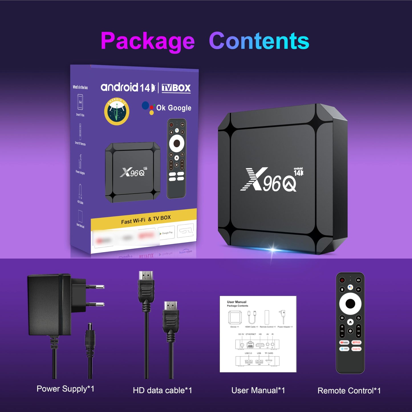 X96Q Android 14.0 ATV Box 16 GB Quad-Core WiFi6 2.4G/5.8Ghz BT5.0 4K AV1 USB 3.0 Ultra HD Control de voz Reproductor de hogar inteligente