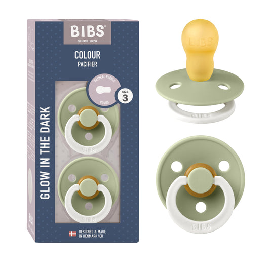 BIBS Chupones Colour Pack de 2, Brillan en la oscuridad, Tetina redonda de látex natural, Talle 2, Color Sage GLOW/Vanilla GLOW, 6 a 18 meses, Hecho en Dinamarca