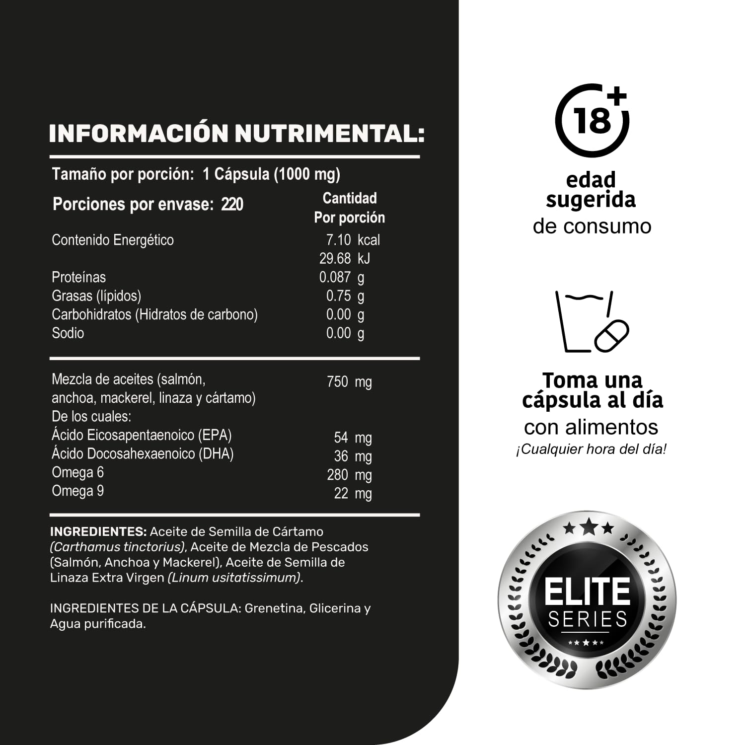 LIFE 360+ Omega 3 Aceite puro de salmón con 1000mg | 220 Cápsulas | Aceite de Salmón, Anchoa, Linaza, Cártamo, Mackerel Alto (con EPA y DHA, Omega 6 y Omega 9) | Suplemento Alimenticio OMG 3 | 220 Cápsulas por Envase